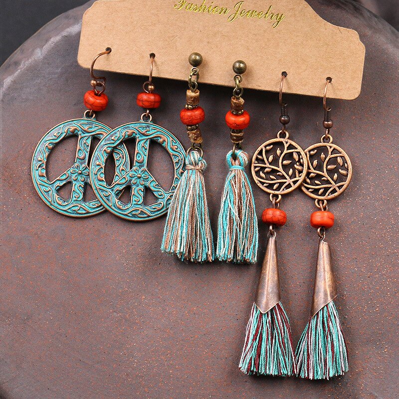 Boho Earring Set for Women - Manufacturer with 3 Pairs/Card Vintage Bohemia Style Antique Gold Bronze Plated Leaf
