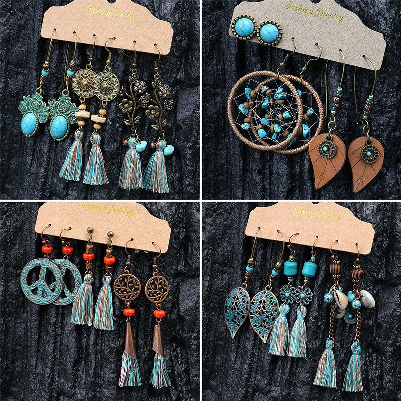 Boho Earring Set for Women - Manufacturer with 3 Pairs/Card Vintage Bohemia Style Antique Gold Bronze Plated Leaf