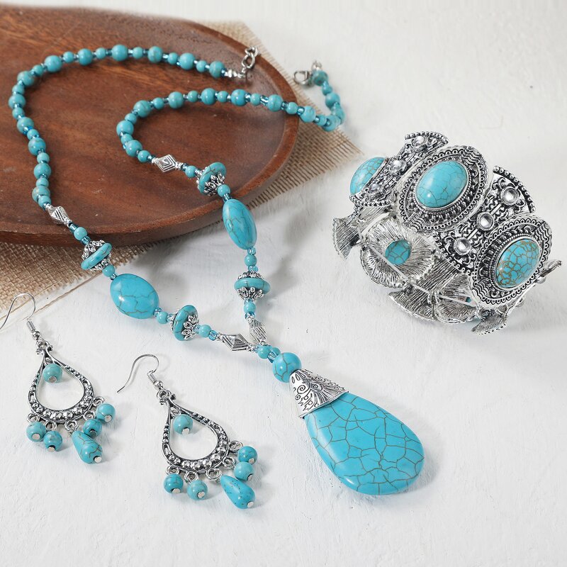 Turquoise Stone Jewelry Set for Women - Manufacturer with Vintage Antique Silver Plated Real Natural