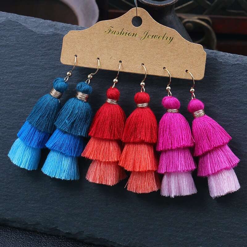 Boho Earring Set for Women - Manufacturer with Colorful Cotton Thread Long Tassel