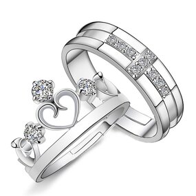 Engagement Wedding Rings - Manufacturer with 925 Silver Plated Zircon Crystal Crown Cross for Couples