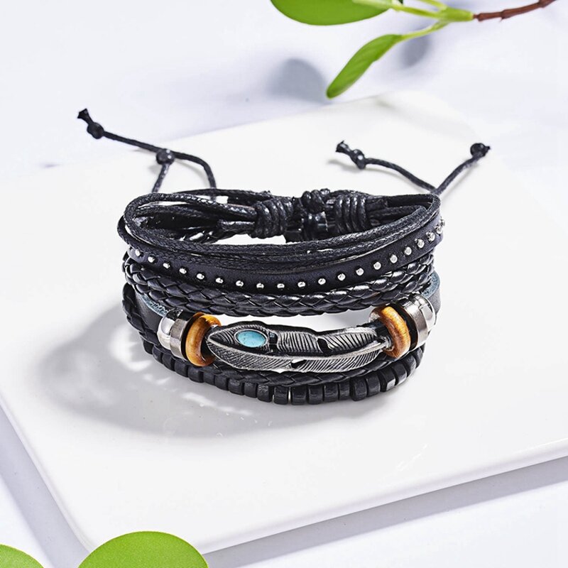 Leather Bracelet Set for Men - Manufacturer with Punk Charm Leaf Stretch Wood Beads & Braided Adjustable Wax Cord