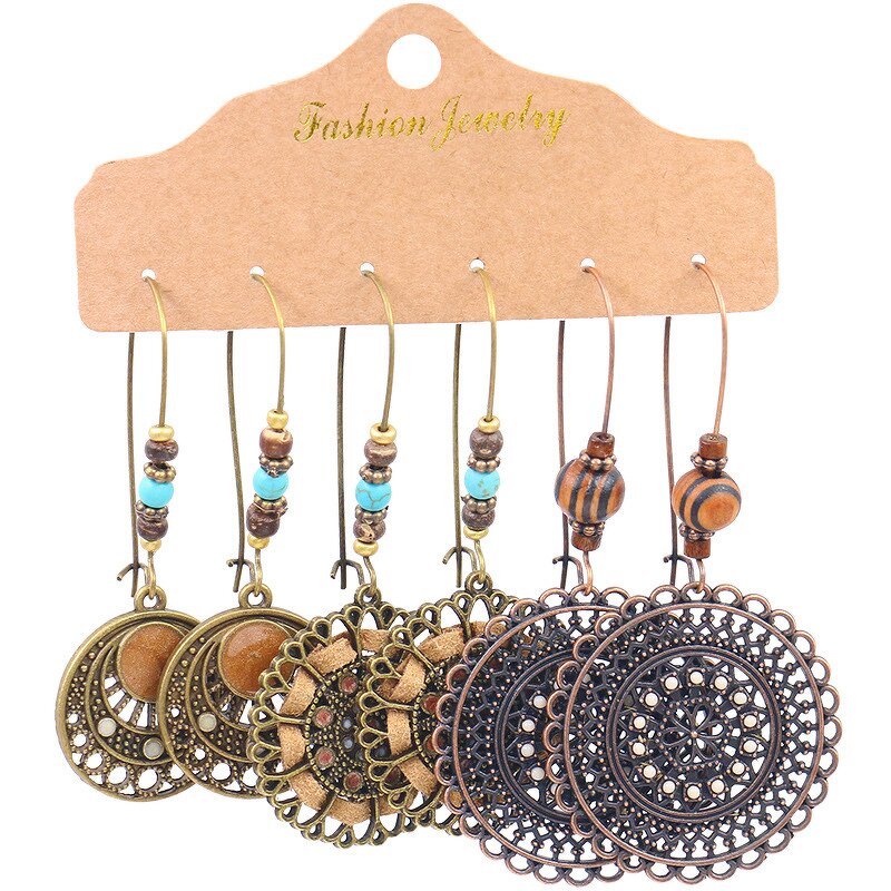 Boho Earring Set for Women - Manufacturer with 3 Pairs/Card Retro Baroque Ethnic Style Antique Gold Plated