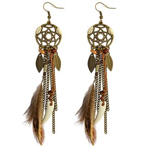 Bohemian Earring for Women - Manufacturer with Vintage Ethnic Charm Leaf Dreamcatcher & Long Chain Feather Tassel