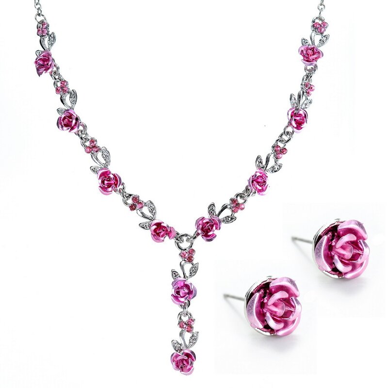 Wedding Bridal Jewelry Sets for Woman - Manufacturer with Elegant Red Blue Purple Enamel Rose Flower Pendant