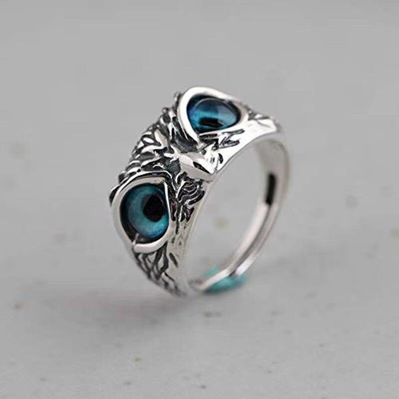 Blue Owl Eye Rings - Manufacturer with Vintage Woman Mens Antique Silver Plated Adjustable