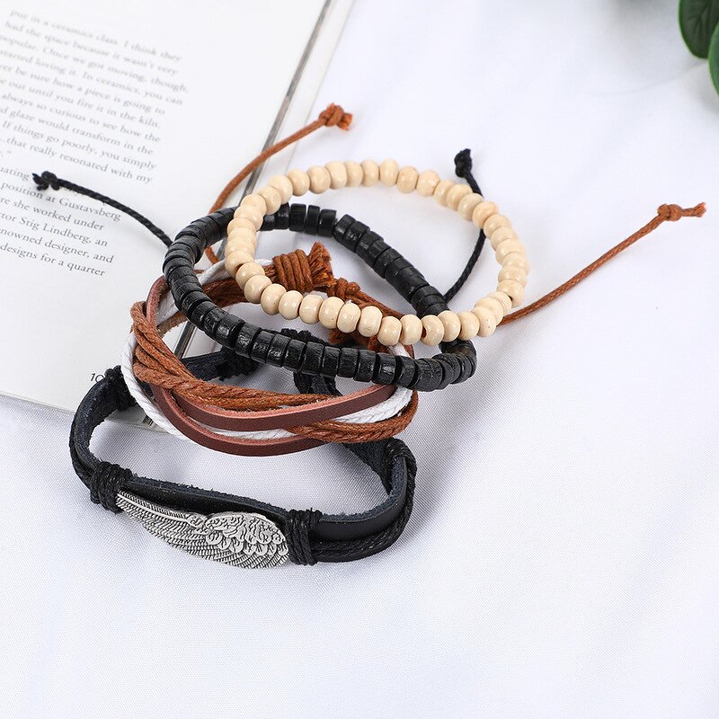 Angel Wing Bracelet Set for Men - Manufacturer with Vintage Adjustable Braided Wax Cord Multilayer Wrap Leather