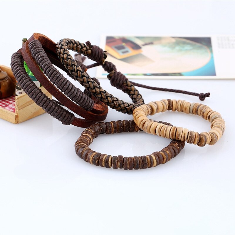 Leather Bracelet Sets for Men - Manufacturer with Vintage Stretch Elastic Coconut Shell Beads & Adjustable Braided Cord