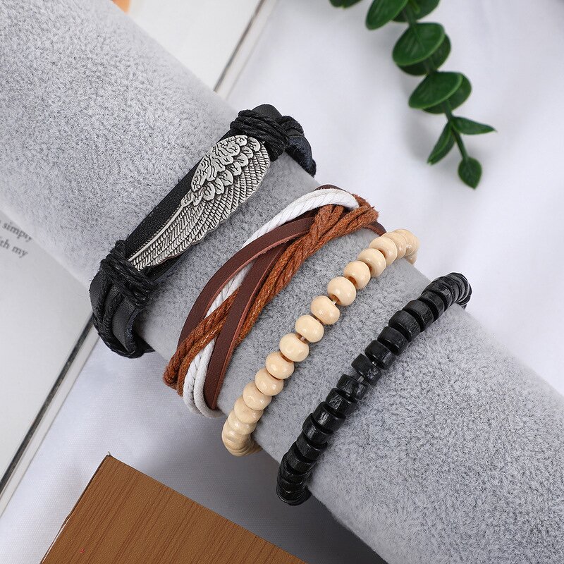 Angel Wing Bracelet Set for Men - Manufacturer with Vintage Adjustable Braided Wax Cord Multilayer Wrap Leather