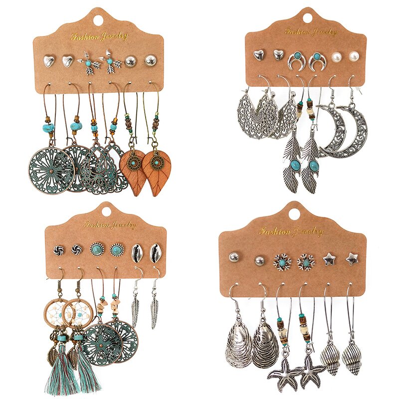 Boho Earring Set for Women - Manufacturer with 6pair/card Antique Silver Plated Heart Moon Stud & Shell Pendant