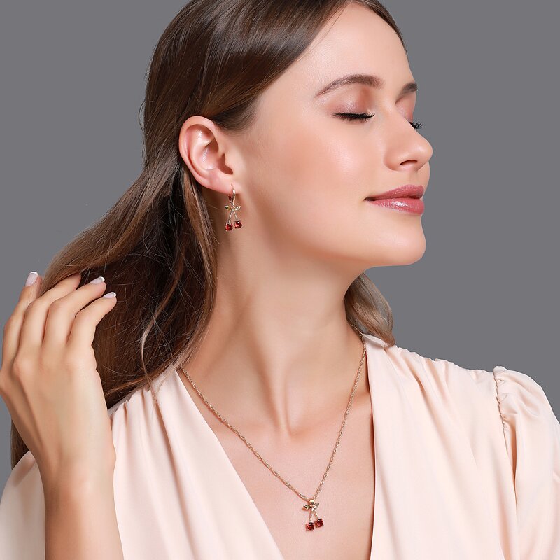 Cherry Jewelry Set - Manufacturer with Gold Plated Water-wave Chain & Red Zircon Cherry Shaped Pendant