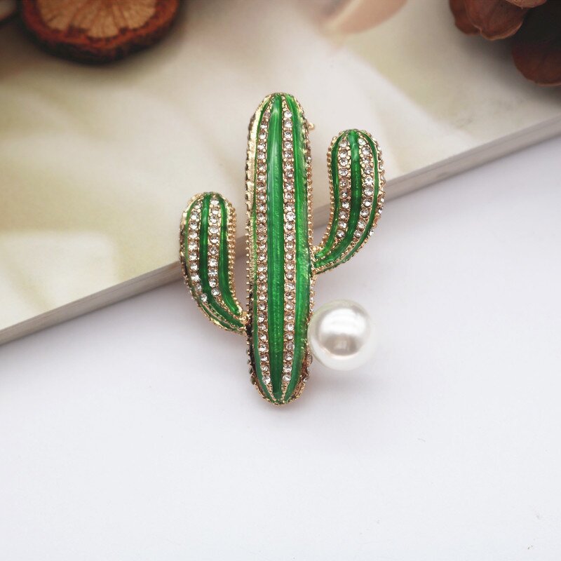 Cactus Brooch Pins for Women - Manufacturer with Fashion Gold Plated Crystal Zircon Peal Enamel
