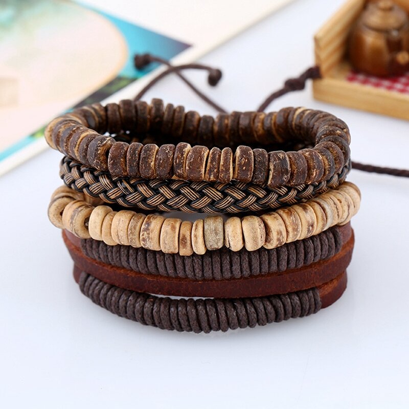 Leather Bracelet Sets for Men - Manufacturer with Vintage Stretch Elastic Coconut Shell Beads & Adjustable Braided Cord