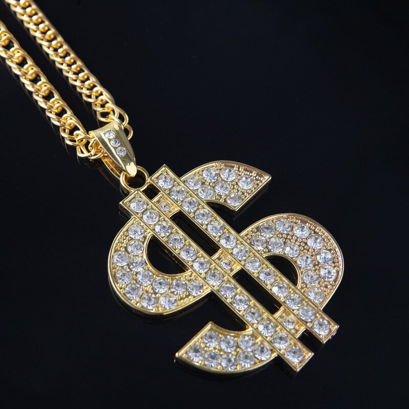 US Dollar Sign Pendant Necklace - Manufacturer with Punk Hip Hop Style & Golden Exaggerated Big Diamond