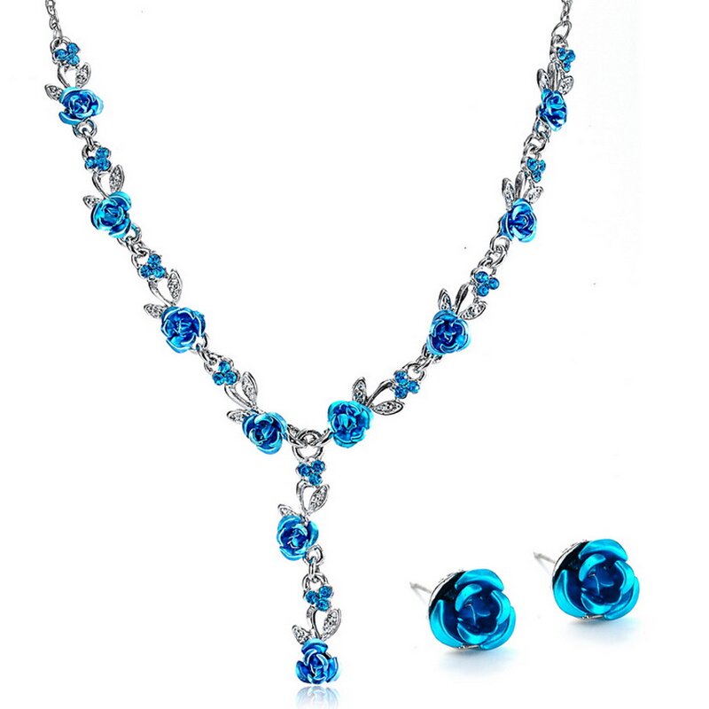 Wedding Bridal Jewelry Sets for Woman - Manufacturer with Elegant Red Blue Purple Enamel Rose Flower Pendant