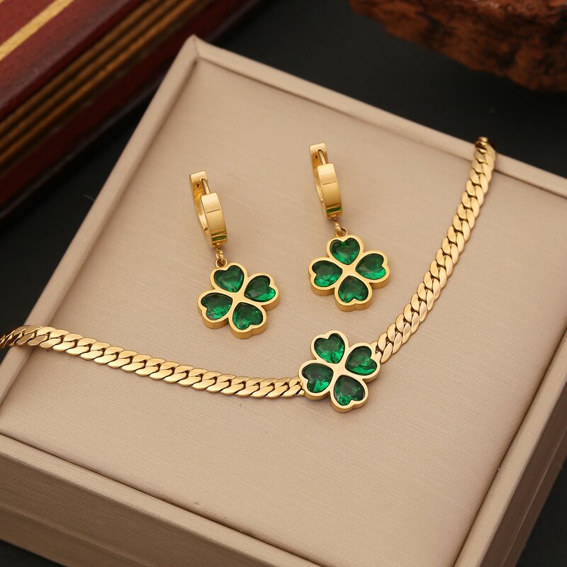 Four Leaf Clover Jewelry Set for Women - Manufacturer with Non Tarnish 18K Gold Plated Stainless Steel & Emerald
