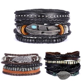 Leather Bracelet Set for Men - Manufacturer with Punk Charm Leaf Stretch Wood Beads & Braided Adjustable Wax Cord