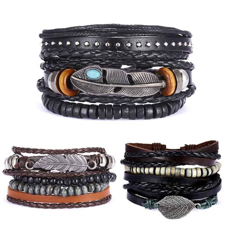 Leather Bracelet Set for Men - Manufacturer with Punk Charm Leaf Stretch Wood Beads & Braided Adjustable Wax Cord