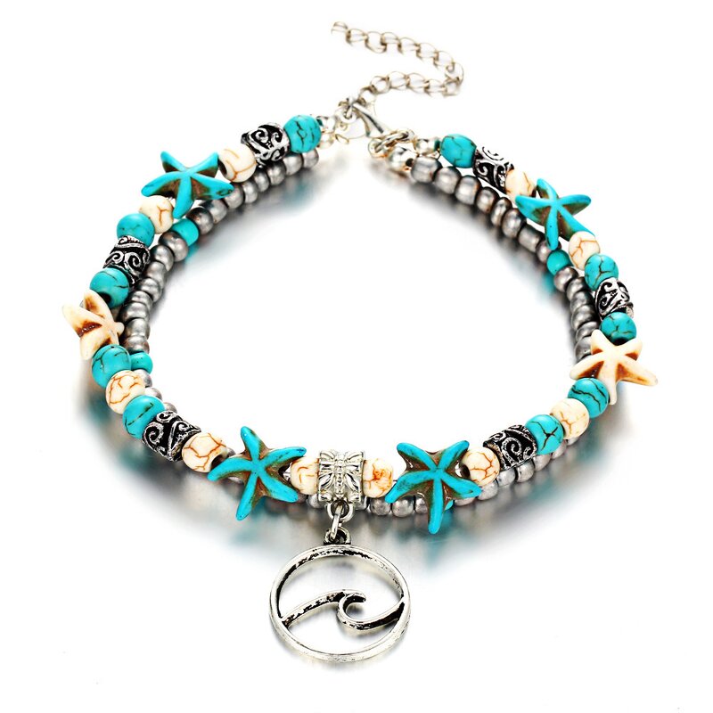 Beach Anklet Bracelet for Women - Manufacturer with Vintage Heart Elephant Owl Starfish Turtle Pendant & Turquoise Beads