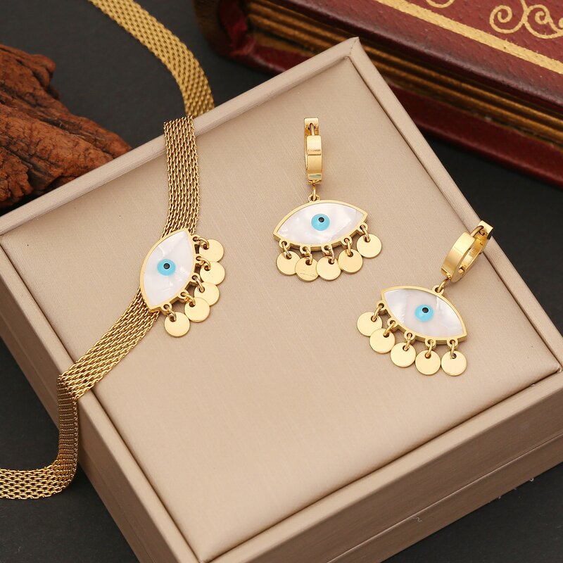 Evil Eye Jewelry Set - Manufacturer with Non Tarnish 18K Gold Plated Stainless Steel & Shell Turkish for Women