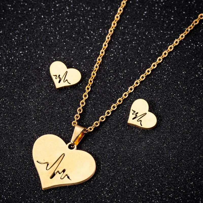 Heart Jewelry Set for Women - Manufacturer with 18K Gold Silver Stainless Steel Heart Pendant & ECG Heartbeat
