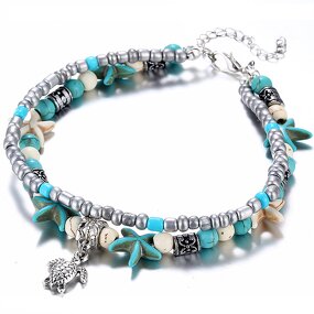 Beach Anklet Bracelet for Women - Manufacturer with Vintage Heart Elephant Owl Starfish Turtle Pendant & Turquoise Beads