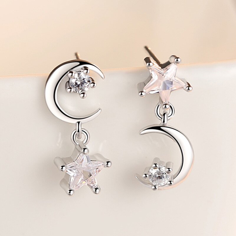Stud Earring for Women - Manufacturer with 925 Silver Plated AAA Cubic Zircon Moon Star Shape