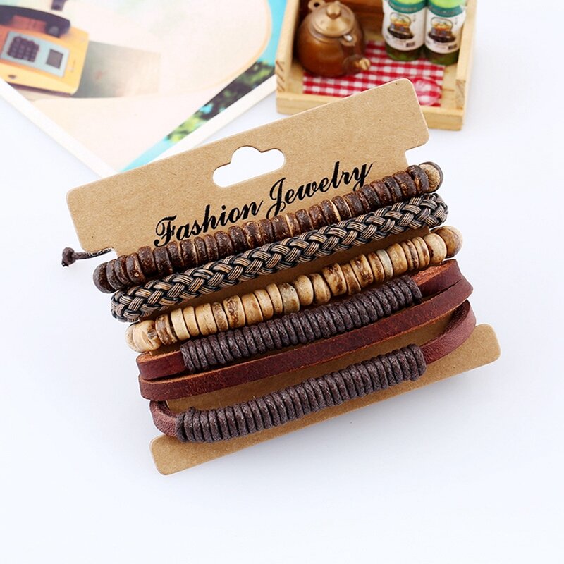 Leather Bracelet Sets for Men - Manufacturer with Vintage Stretch Elastic Coconut Shell Beads & Adjustable Braided Cord