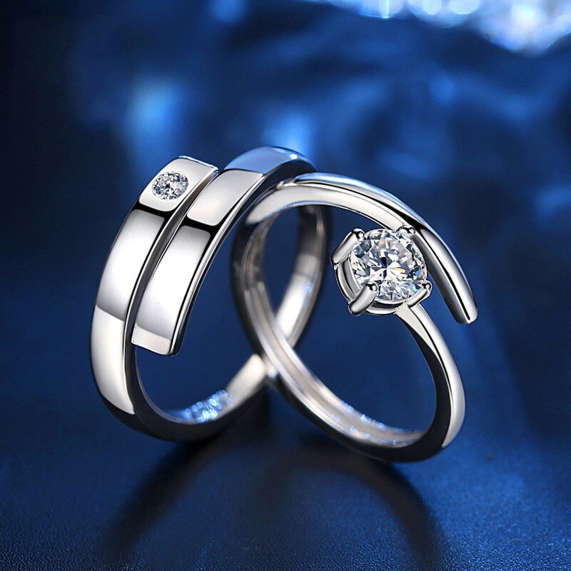 Engagement Wedding Rings Set - Manufacturer with 925 Silver Plated Crystal Zircon & Adjustable for Couples