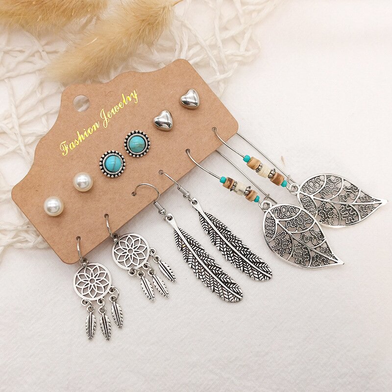 Boho Earring Set for Women - Manufacturer with 6pair/card Antique Silver Plated Heart Moon Stud & Shell Pendant