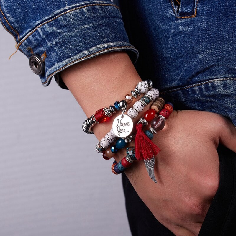 Boho Bracelet Set for Women - Manufacturer with Charm Tassel Wings Pendant & Resin Bodhi Beads
