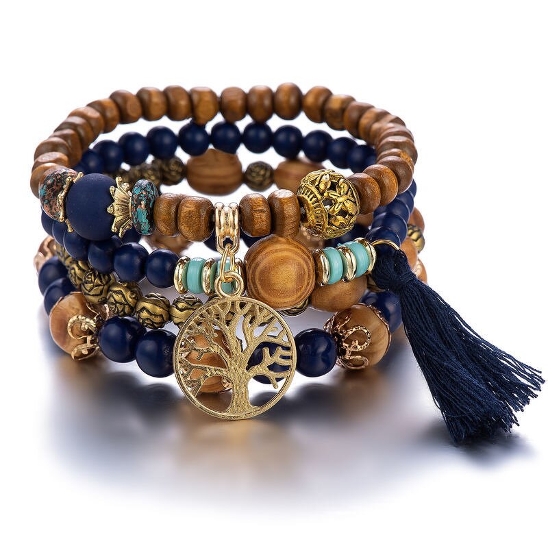 Boho Bracelet Set for Women - Manufacturer with Antique Gold Plated Charm Tree of Life Tassel & Wood Beads