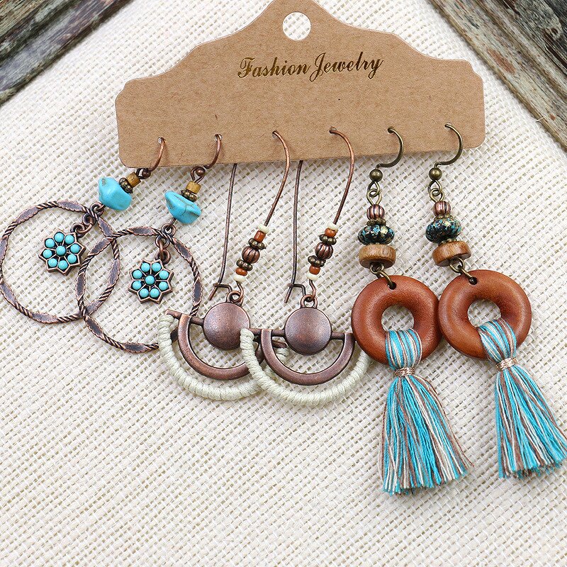 Boho Earring Set for Women - Manufacturer with 3 Pairs/card Retro Ethnic Style Patina Antique Bronze Plated