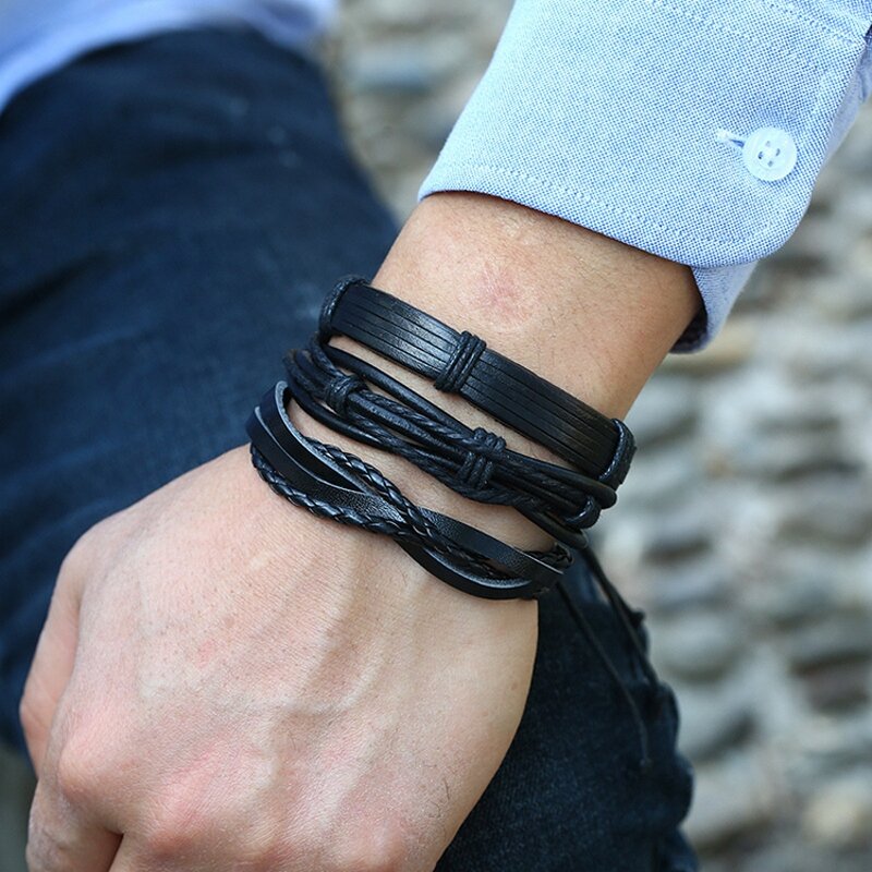 Leather Bracelet Set for Men - Manufacturer with Handmade Braided Multi Layered Wrap Black Punk
