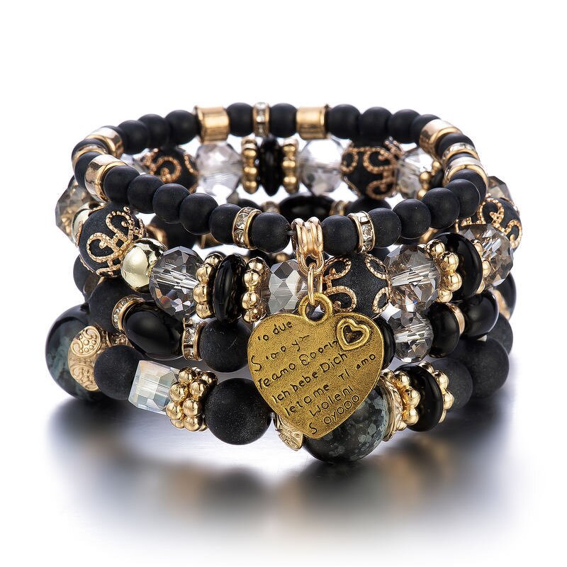 Bohemia Bracelet Set for Women - Manufacturer with Antique Gold Plated Heart Pendant & Stretch Multilayer Beads