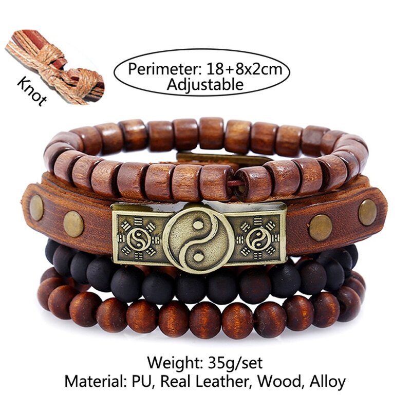 Yin Yang Bracelet Set for Men - Manufacturer with Punk Wood Beads & Multi Layered Adjustable Wrap Genuine Leather
