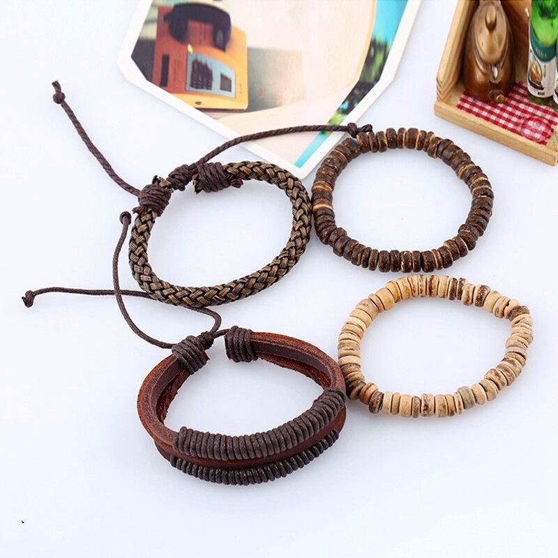 Leather Bracelet Sets for Men - Manufacturer with Vintage Stretch Elastic Coconut Shell Beads & Adjustable Braided Cord