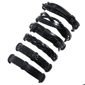 Leather Bracelet Set for Men - Manufacturer with Handmade Braided Multi Layered Wrap Black Punk