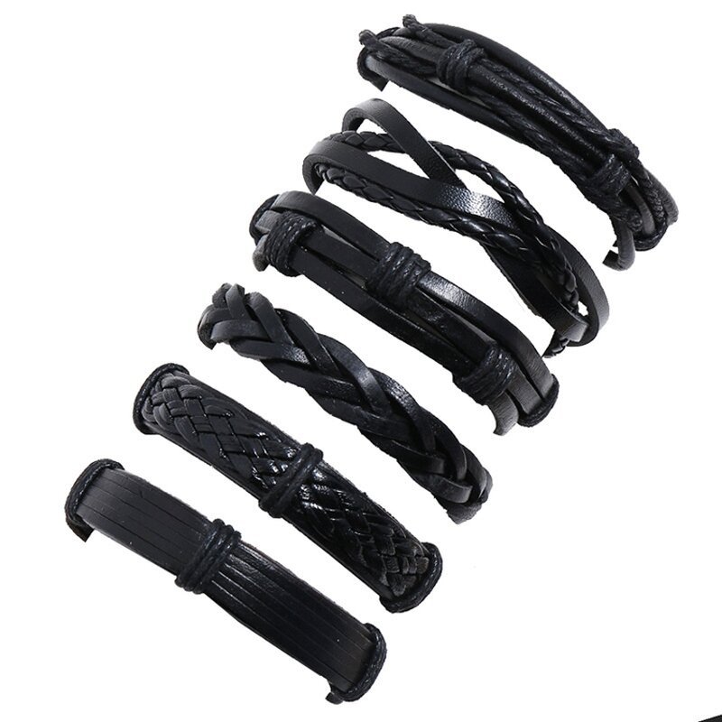 Leather Bracelet Set for Men - Manufacturer with Handmade Braided Multi Layered Wrap Black Punk