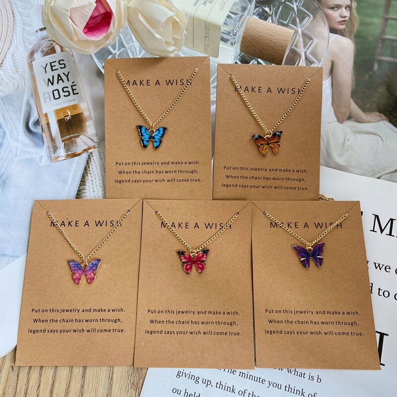 Butterfly Pendant Necklace - Manufacturer with Make a Wish Card & Colorful Enamel for Women