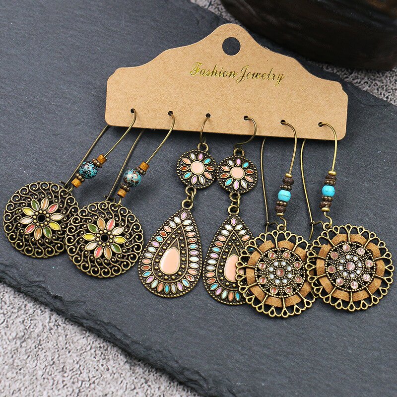 Boho Earring Set for Women - Manufacturer with 3pair/card Ethnic Style Retro Gold Bronze Plated Patina Water Drop