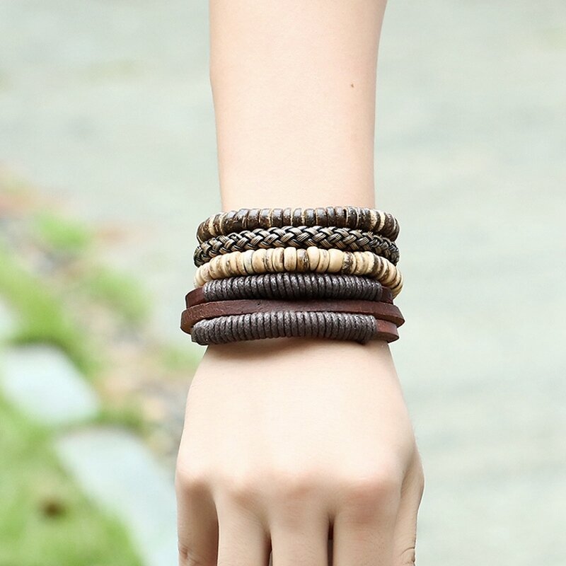 Leather Bracelet Sets for Men - Manufacturer with Vintage Stretch Elastic Coconut Shell Beads & Adjustable Braided Cord