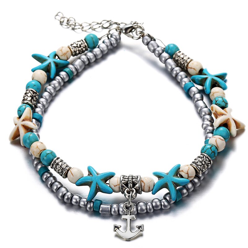 Beach Anklet Bracelet for Women - Manufacturer with Vintage Heart Elephant Owl Starfish Turtle Pendant & Turquoise Beads