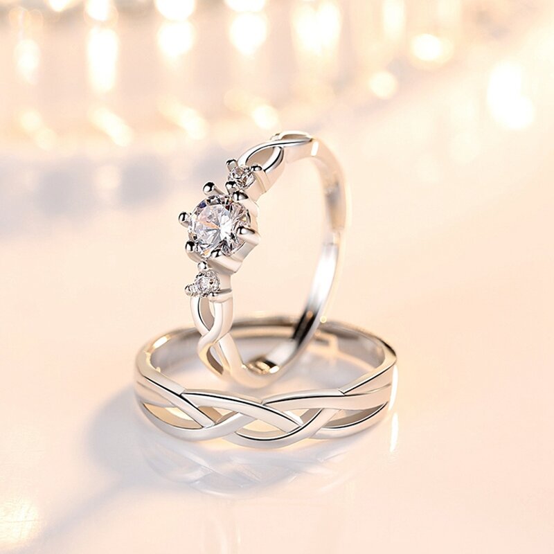 Couple Lovers Rings - Manufacturer with 925 Real Silver Plated Brass Zircon & Adjustable for Wedding