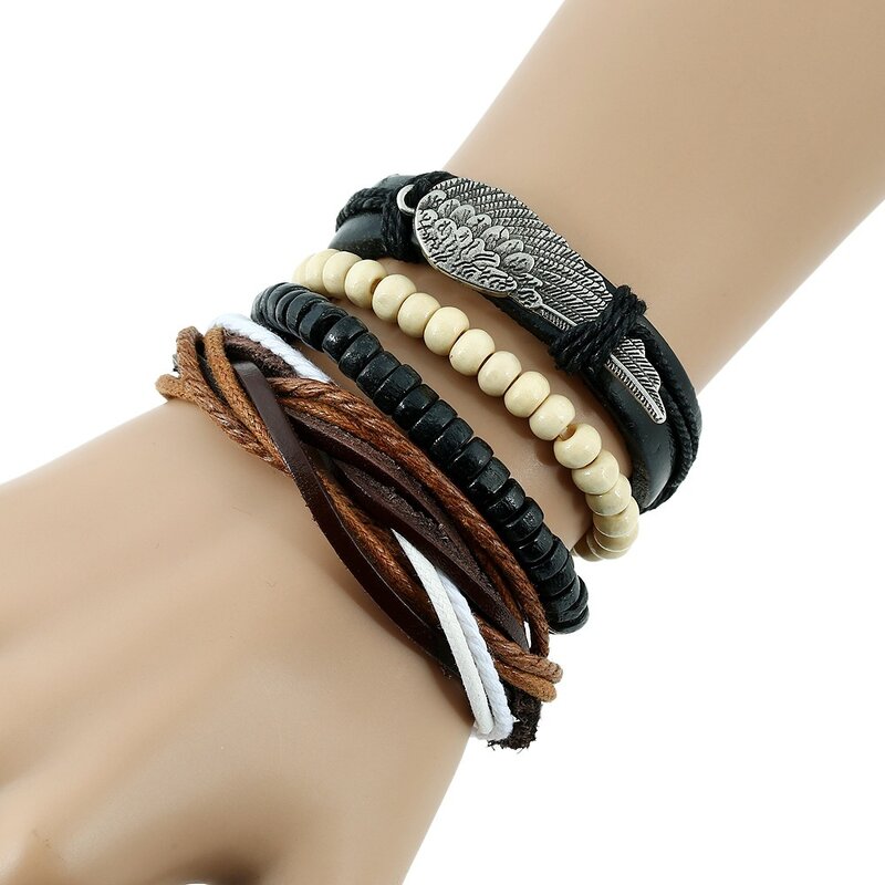 Angel Wing Bracelet Set for Men - Manufacturer with Vintage Adjustable Braided Wax Cord Multilayer Wrap Leather