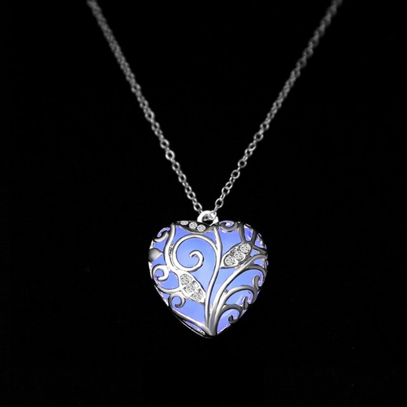 Heart Shape Pendant Necklace - Manufacturer with Silver Plated Hollow Out & Glowing in the Dark for Women