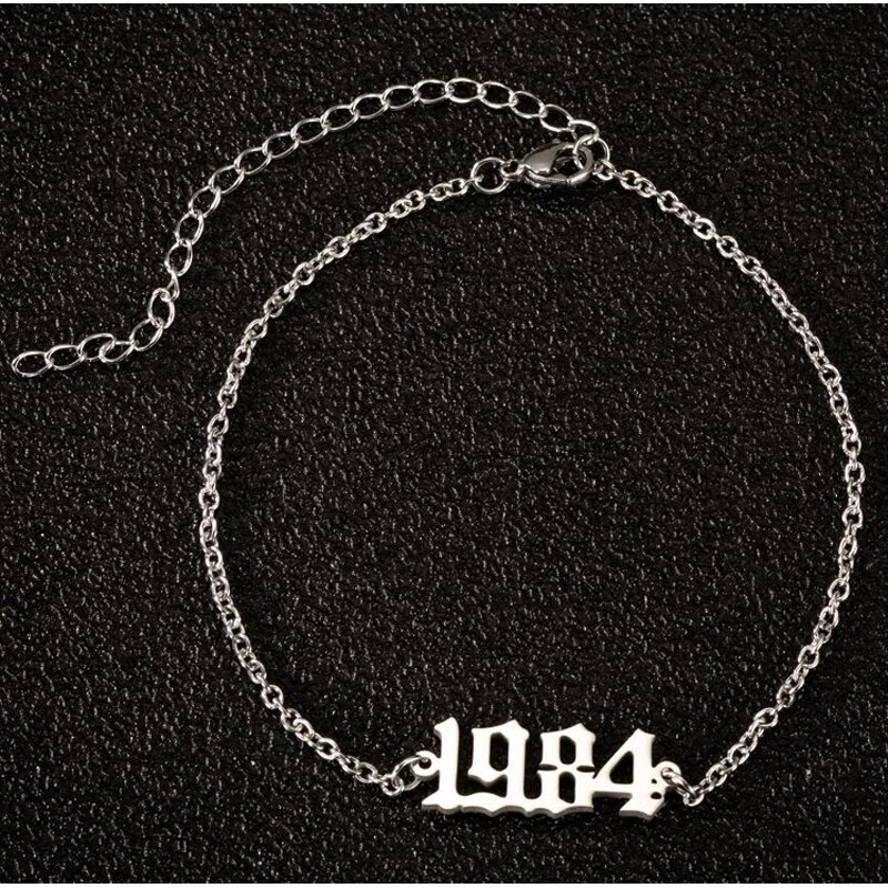 Birth Year Number Anklet for Women - Manufacturer with 18K Gold Silver Plated Stainless Steel Old English 1980-2000