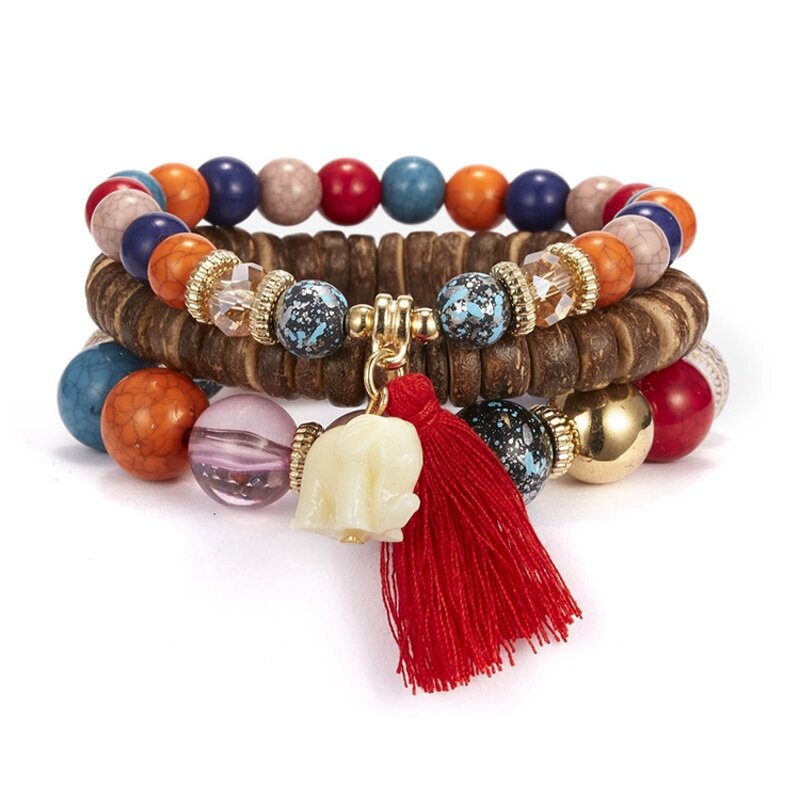 Boho Bracelet Set for Women - Manufacturer with Charm Elephant Tassel Pendant & Coconut Shell Acrylic Beads