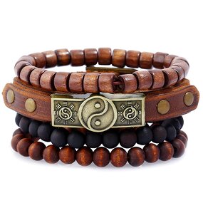 Yin Yang Bracelet Set for Men - Manufacturer with Punk Wood Beads & Multi Layered Adjustable Wrap Genuine Leather