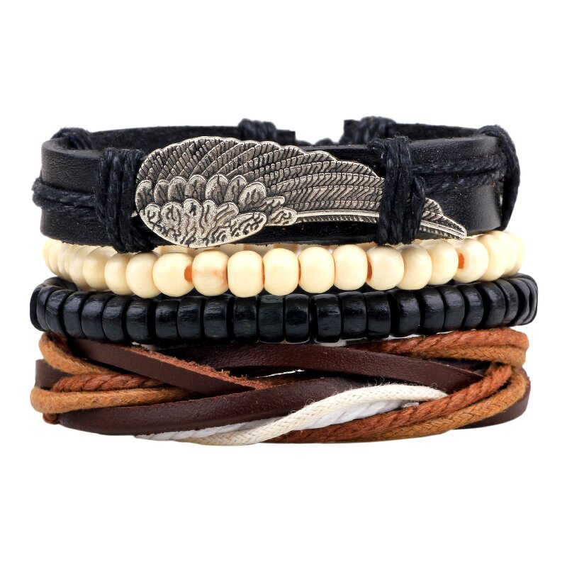 Angel Wing Bracelet Set for Men - Manufacturer with Vintage Adjustable Braided Wax Cord Multilayer Wrap Leather